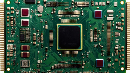 Close-up of a green printed circuit board with electronic components and a microchip