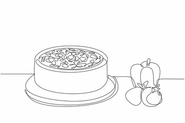 Continuous one line drawing pizza cake on a round wooden tray with peppers and tomatoes next to it. Unspeakable pleasure. International Pizza Cake Day. Single line draw design vector illustration