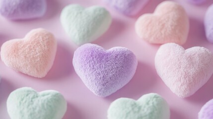 Obraz premium A collection of cute, fluffy pastel hearts scattered on a soft pastel background.