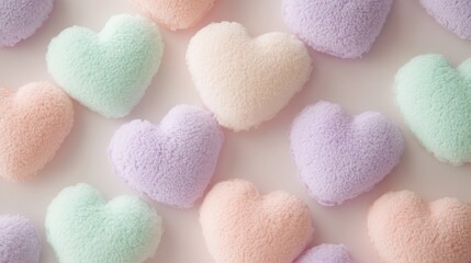 Obraz premium Pastel hearts arranged on a smooth textured pastel background. The heart is soft and fluffy It looks luxurious like a cloud.