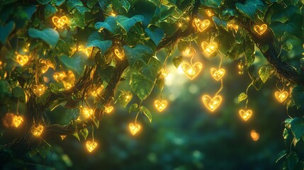 A whimsical forest glowing with radiant vines and heart-shaped luminous leaves