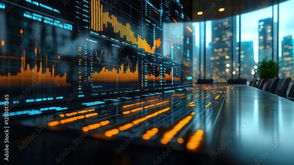 Poster futuristic stock market data visualization on a large interactive screen in a modern office with cit