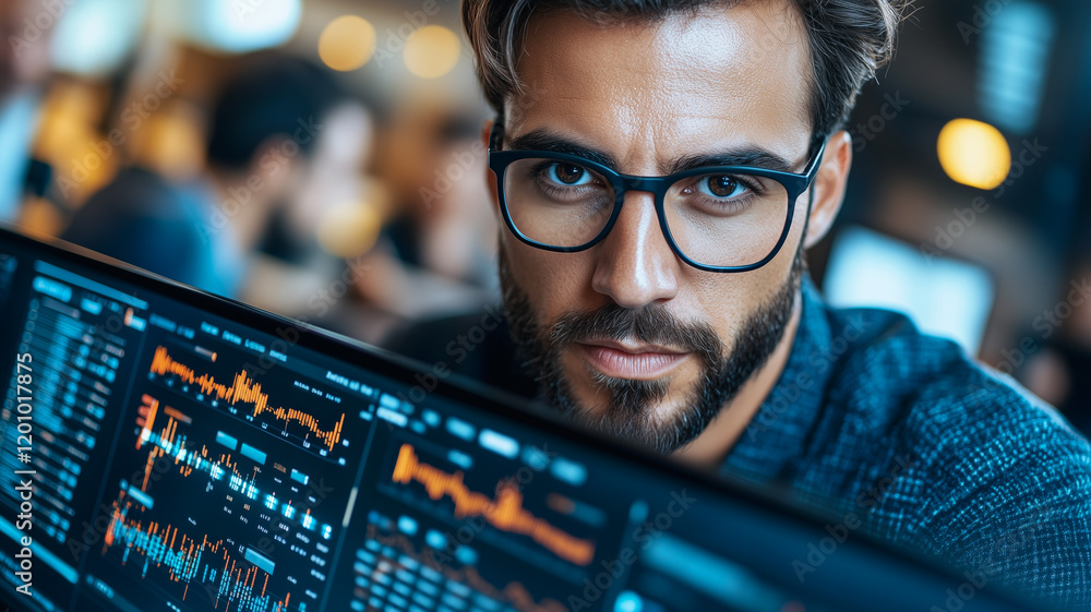 Poster focused analyst: a concentrated young man with a beard and glasses intensely studies data on a large