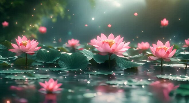 A serene pond filled with blooming pink lotus flowers amidst lush green leaves.