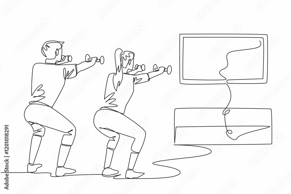 Poster single continuous line drawing young couple doing exercise at home using dumbbells. online classes. 