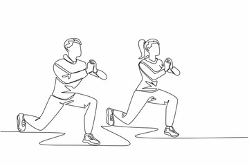 Single one line drawing young couple doing front squat on one leg forward with hands folded. Exercise. Activities to keep body fit. National Exercise Day. Continuous line design graphic illustration