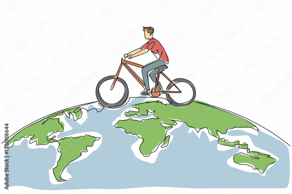Aufkleber continuous one line drawing a man riding a bicycle on a semicircular world map. a campaign. protecti