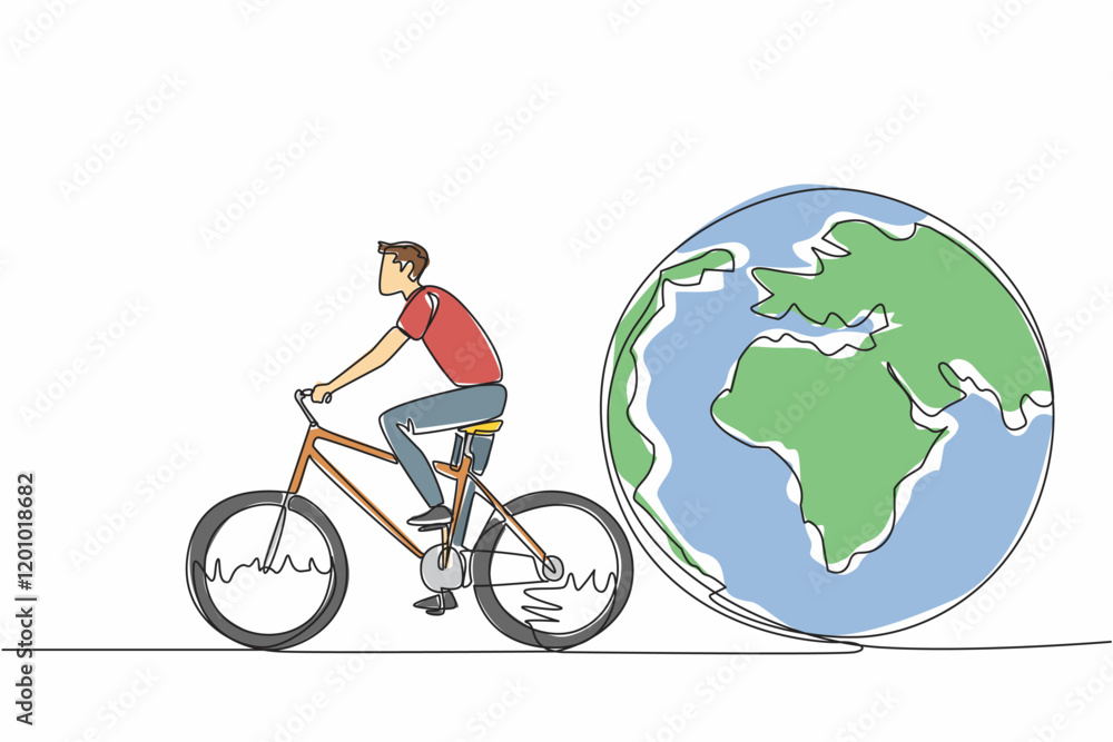 Aufkleber single continuous line drawing a man riding a bicycle and behind him is a globe. activities that do 