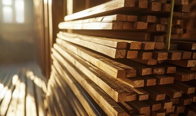 Stacked wooden planks gleam in soft, bright light.