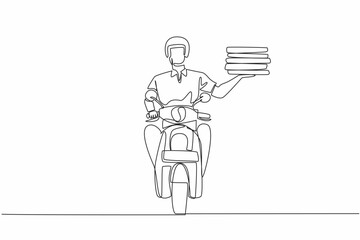 Single continuous line drawing pizza delivery man riding a motorbike. Delivering some delicious pizza stacks to consumers. Pizza Delivery Driver Appreciation Day. One line design vector illustration