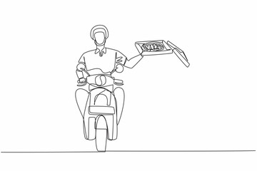 Continuous one line drawing pizza delivery man riding motorbike one hand holding open pizza box. Delivered on time. Pizza Delivery Driver Appreciation Day. Single line draw design vector illustration