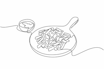 Single one line drawing french fries drizzled with cheese sauce on a round wooden chopping board. Restaurant style serving. National Cheddar Fries Day. Continuous line design graphic illustration