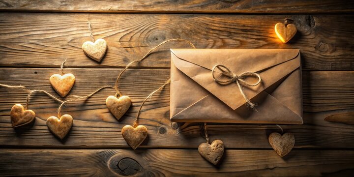 Rustic Wooden Background with a Tied Kraft Envelope and Wooden Hearts
