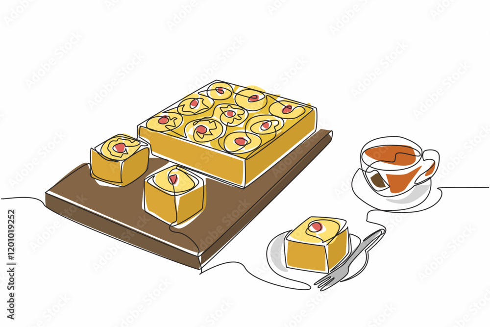 Aufkleber single continuous line drawing pineapple upside-down cake in square shape on a square wooden cutting