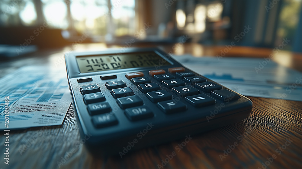 Aufkleber calculator on desk with financial documents: a close-up shot of a calculator displaying a number res