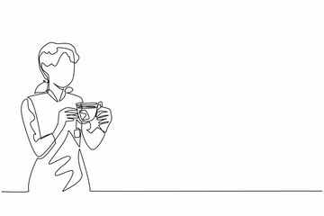 Single continuous line drawing a woman holding transparent glass cup filled with tea and there is tea paper. Want to improve a bad mood. Calming. National Tea Day. One line design vector illustration