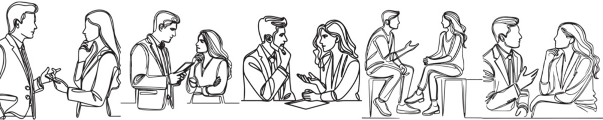 vector group of men and women talking in a continuous line style