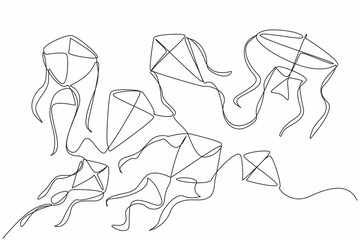 Single one line drawing kites of various shapes and sizes flying in the sky. Kite festival in the field. Fun holiday. Pleasure. Exciting. Go Fly a Kite Day. Continuous line design graphic illustration