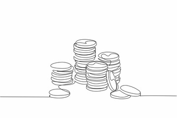 Single continuous line drawing the stacks of coins of varying heights. Gold coin money. Financial readiness is still inadequate. Different abilities. Coin Week. One line design vector illustration