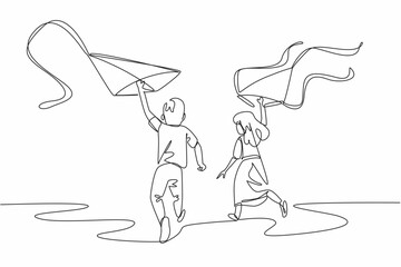 Continuous one line drawing a boy and a girl run while holding a kite. Decorative kites ready to be flown. Playing together. Holiday. Go Fly a Kite Day. Single line draw design vector illustration