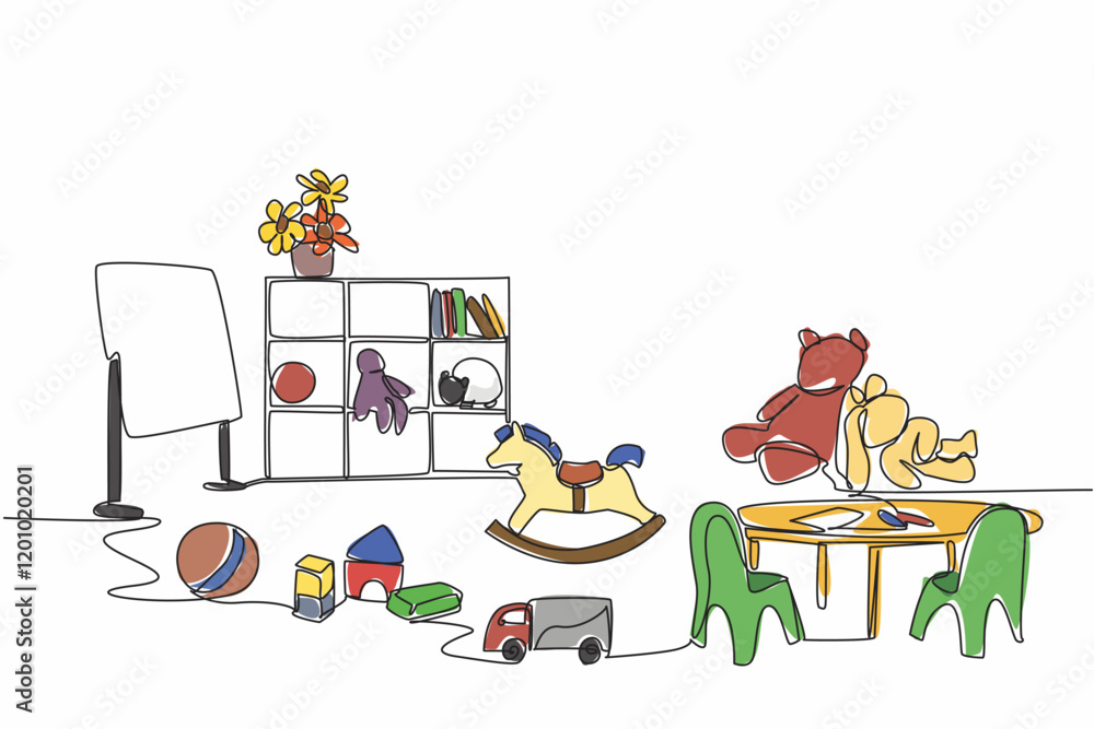 Aufkleber single continuous line drawing kindergarten classroom. equipped with various learning needs for chil