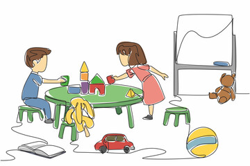 Single one line drawing the boys and girls sitting in kindergarten room. Exploring interests and talents. Sharpening balance. National Kindergarten Day. Continuous line design graphic illustration