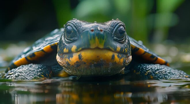 A close-up of a colorful turtle emerging from water, showcasing its vibrant shell and features.