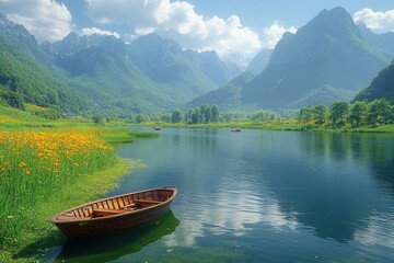 Obraz premium Serene lake, mountains, wooden boat, wildflowers.