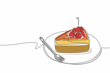 Continuous one line drawing cherry cheesecake cut on a small round plate. Cherry topping adds freshness. Delicious. Tasty. National Cherry Cheesecake Day. Single line draw design vector illustration