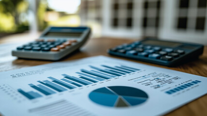 Analyzing Business Trends: A close-up view of a financial report with bar and pie charts, alongside two calculators on a wooden desk.