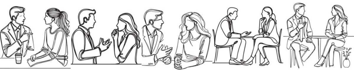 vector group of men and women talking in a continuous line style