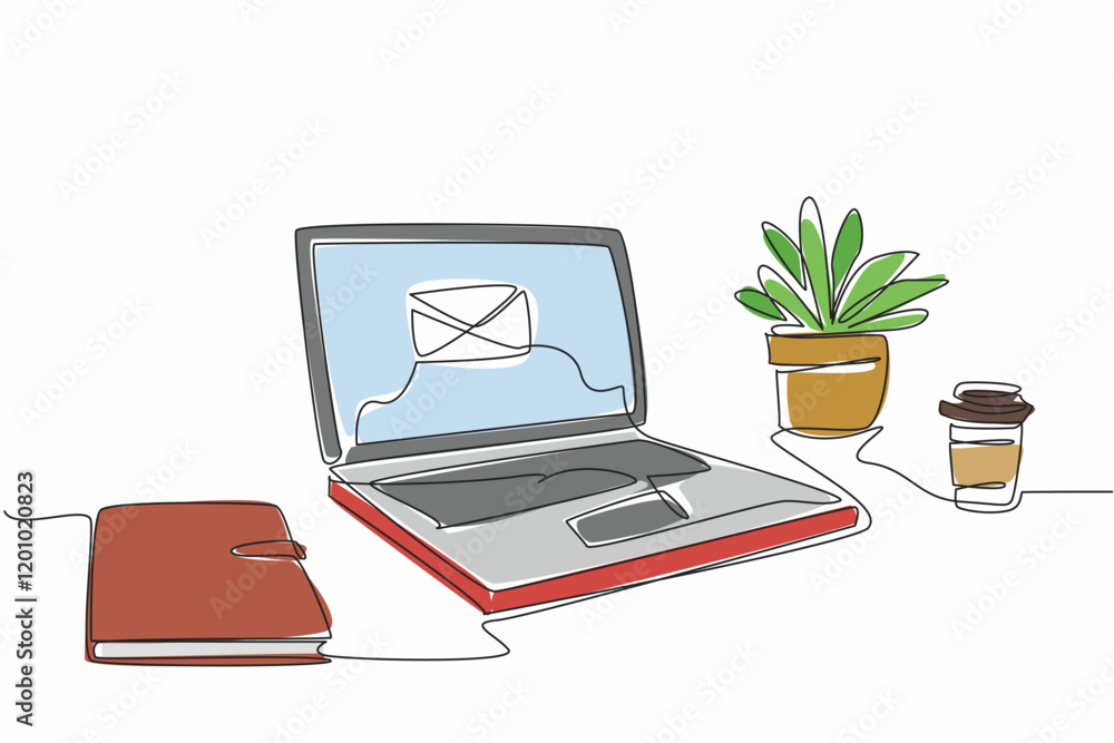 Poster single continuous line drawing laptop on the desk showing a picture of a large envelope. important e