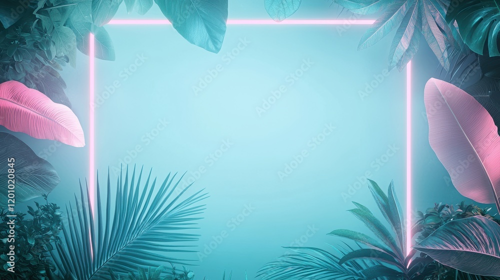 Poster Geometric Neon Frames with Leaves Multiple neon geometric frames in various colors and sizes, overlapping with tropical leaves and flowers, creating a dynamic and modern design against a white