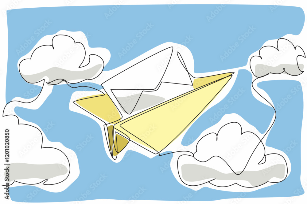 Poster single one line drawing paper airplane flying while carrying envelope. visualization of sending an e