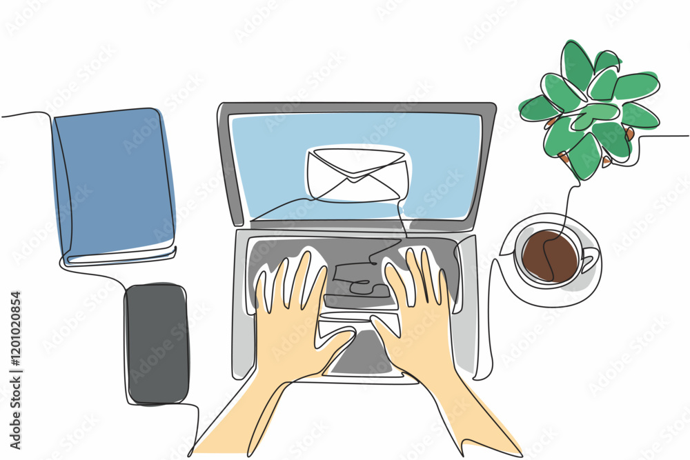 Poster continuous one line drawing hands typing on laptop. email notification received. received best price