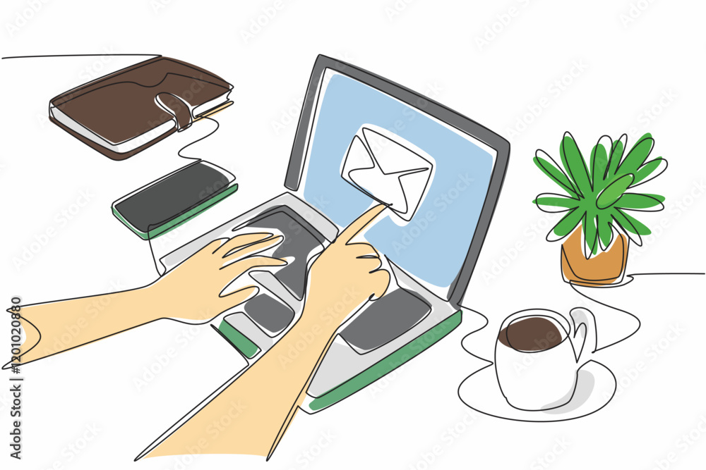 Poster single continuous line drawing hands typing on laptop. laptop with touch screen. open emails just by