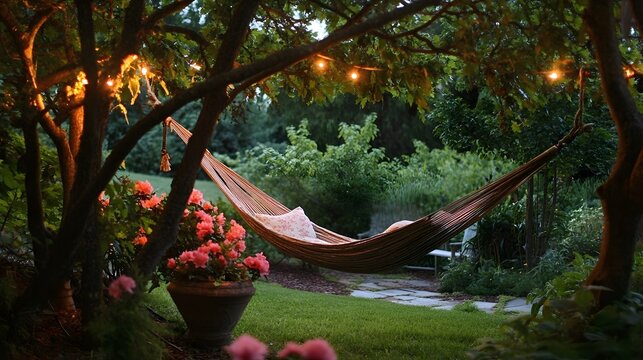 Serene Evening Hammock Scene Underneath Twinkling Lights