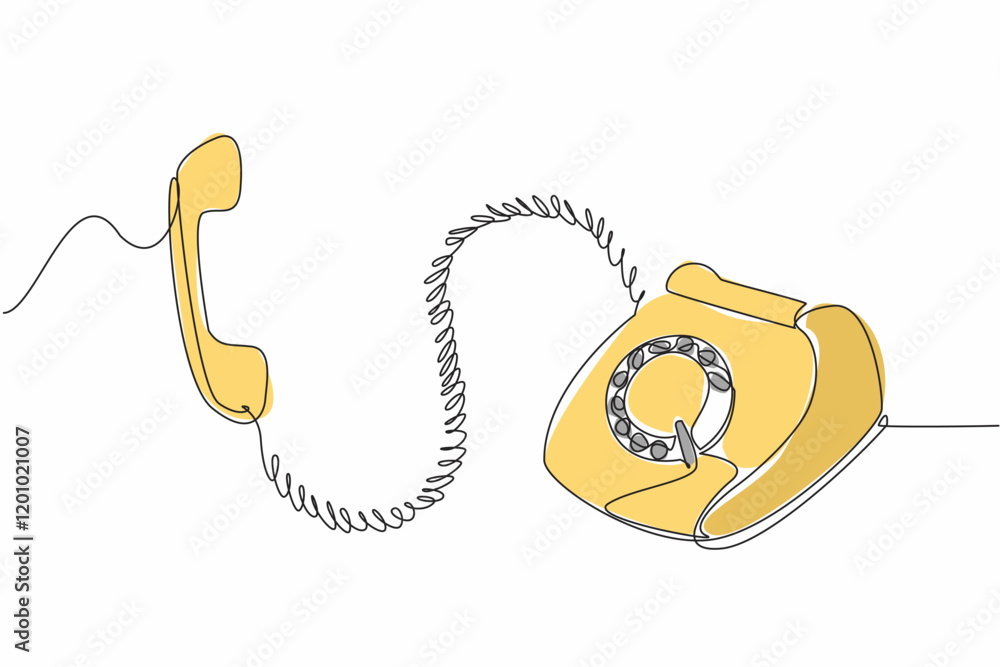 Poster single continuous line drawing retro telephone with a raised telephone receiver. a visualization dep