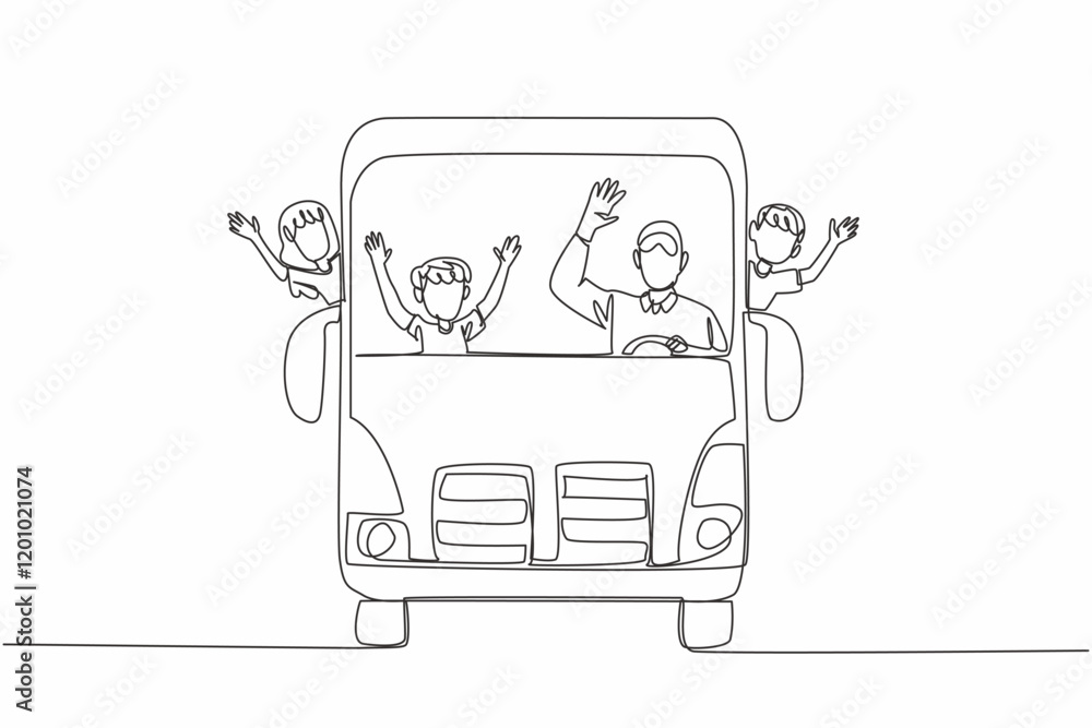 Poster single one line drawing school bus with bus driver and some students. always a pleasant atmosphere w