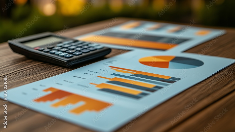 Poster data analysis on wooden desk: a calculator rests beside a spread of financial reports, featuring col