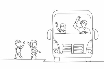 Single continuous line drawing 2 male and female students walking out of the school bus. Take the home safely. Responsible. School Bus Driver Appreciation Day. One line design vector illustration