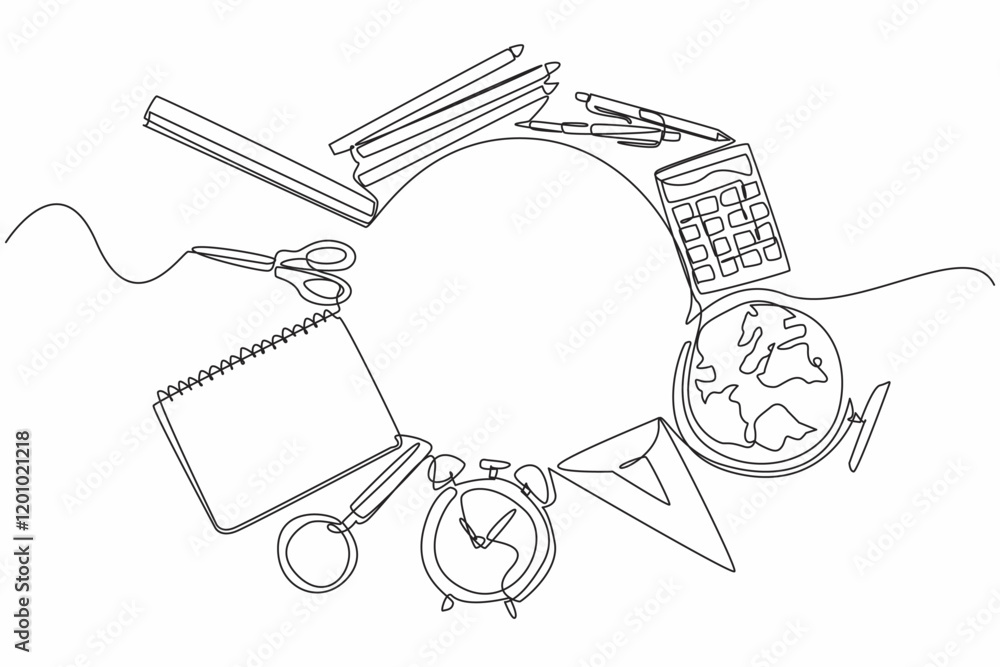 Poster continuous one line drawing various work or study equipment is made into circle. needs that make wor