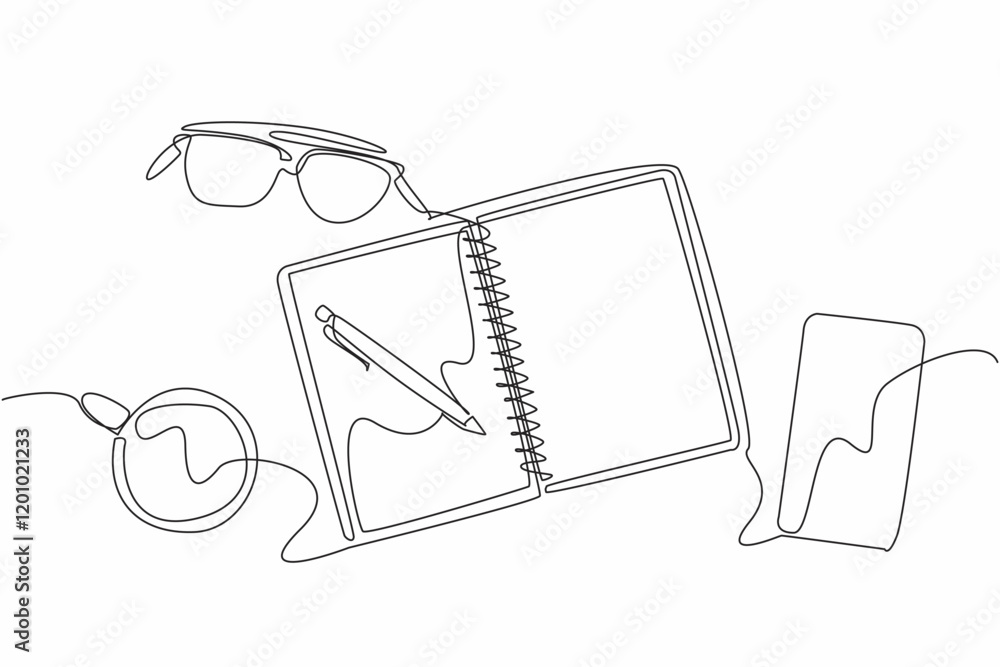 Poster single one line drawing organizer book with bucket list writing. write down the targets to be achiev
