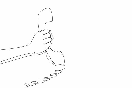 Single one line drawing hand holding a retro telephone receiver with its coiled cord. Pick up a phone call. Old-school technology. National Telephone Day. Continuous line design graphic illustration
