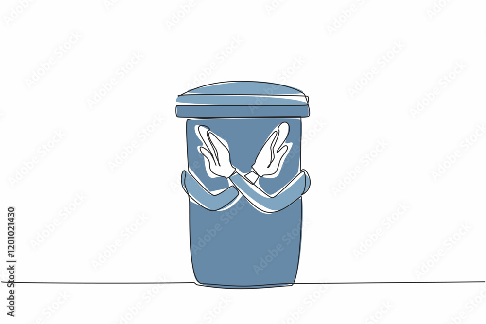 Poster single continuous line drawing trash can that has hands and makes a crossed gesture. it is forbidden