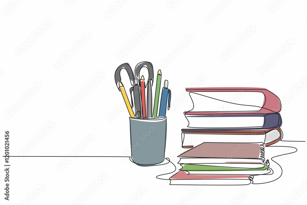 Poster single one line drawing pencils and other stationery neatly arranged in a pencil case. marking multi