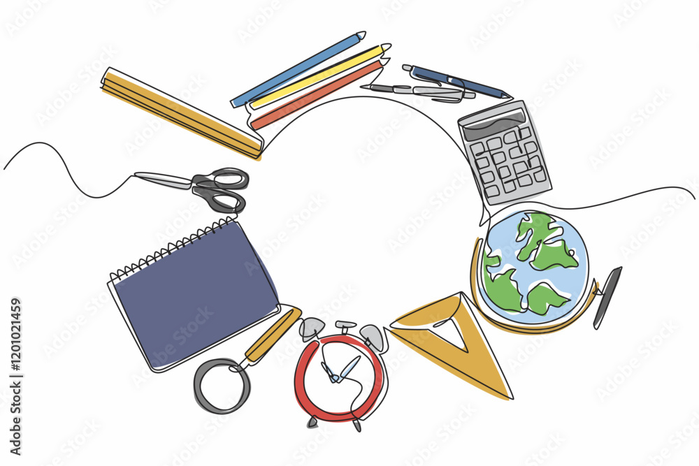 Poster continuous one line drawing various work or study equipment is made into circle. needs that make wor
