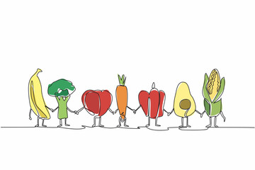 Single one line drawing various foods become characters and while holding hands. Spend or do not buy too much. Avoid wasteful behavior. Stop Food Waste Day. Continuous line design graphic illustration