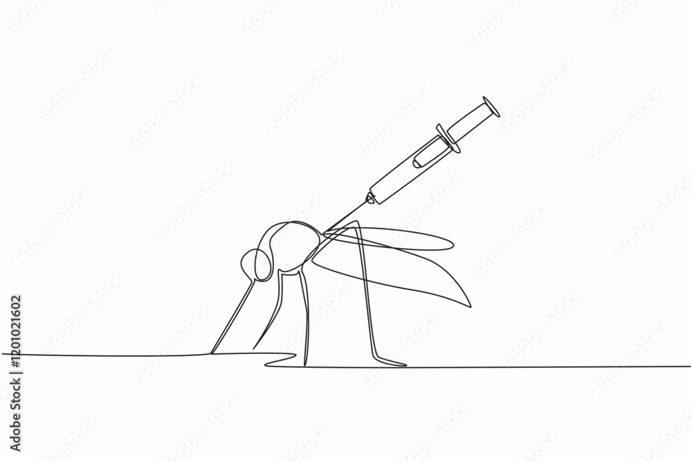 Poster single one line drawing syringe injection that injects large mosquitoes. malaria can be prevented by