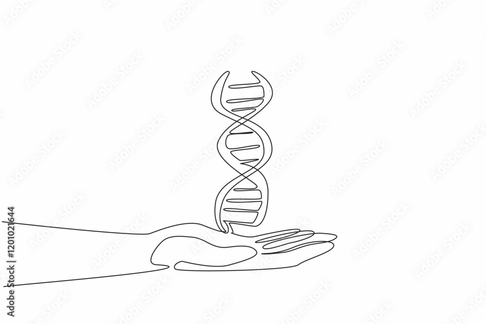 Poster continuous one line drawing dna symbol on open palm. submitting a blood sample for paternity testing